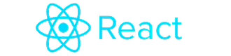 React logo featuring an atom-like symbol with the text 'React' in a modern font.